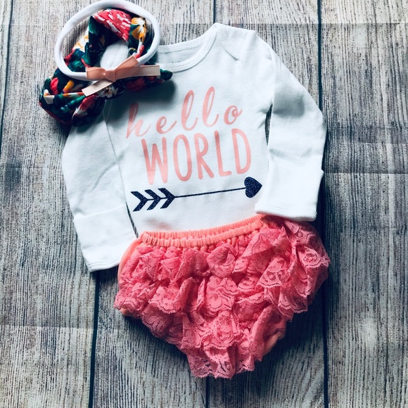 Custom Made Other - Custom Made NB Baby Girl Outfit "hello world" 4 pc